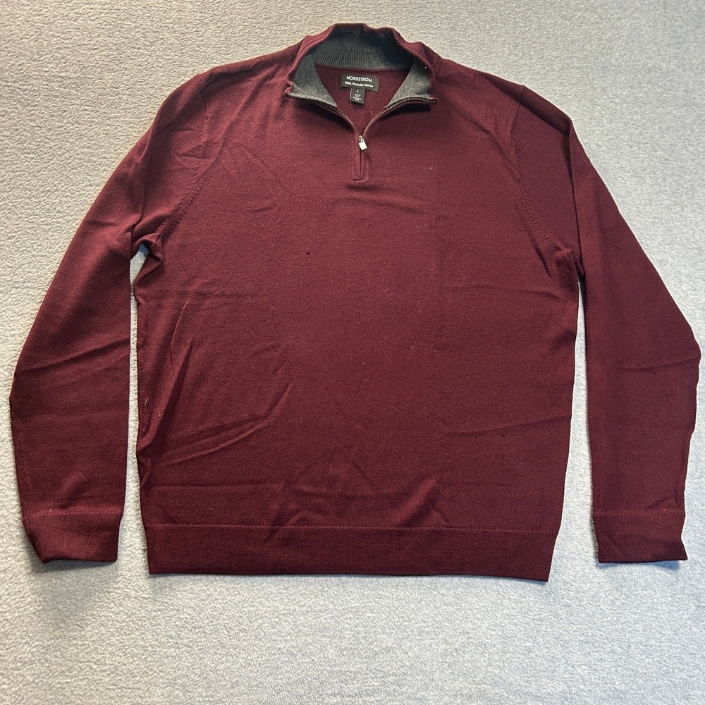 Nordstrom Quarter Zip Sweater Mens Large Burgundy 100% Washable Merino Wool Golf